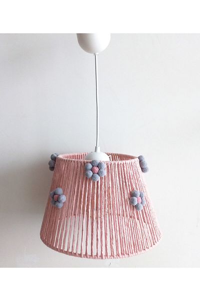 C&A&B KUZEY AVİZE Pink Macrame Rope Wrap Gray Pink Flower Pompom Baby Girl and Children's Room Chandelier