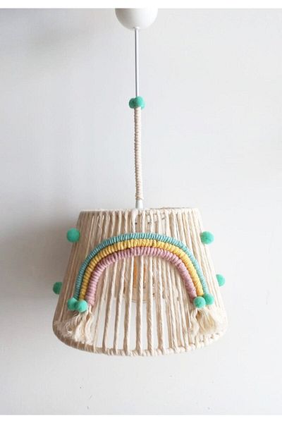 C&A&B KUZEY AVİZE Ecru Macrame Rope Wrapped Rainbow Applique Mint Pompom Baby and Children's Room Chandelier (5)