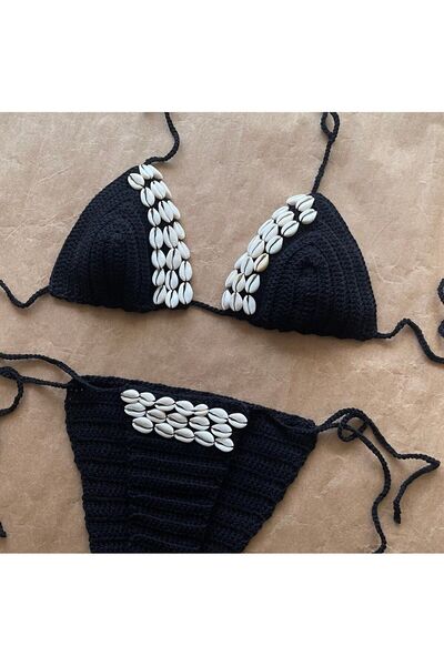 scyllastore طقم بيكيني أسود بتصميم خاص مطرز على شكل صدفة من زانا