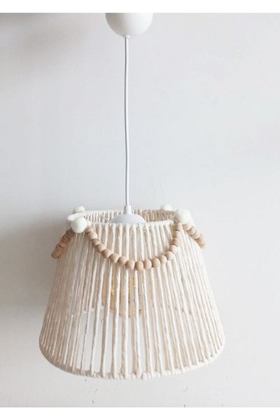 C&A&B KUZEY AVİZE Macrame String Wrap Wooden Bead Ecru Pompom Baby and Kids Room Design Pendant Lamp Chandelier