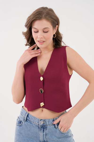 WOMAN VISION Women's Burgundy Stretchy Knitwear Fabric Design Buttoned Burgundy Crop Vest 9902