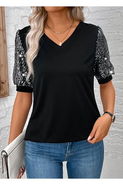 İpeksi Silky Women's Short Sleeve V Neck Sequin Detail Viscose Blouse