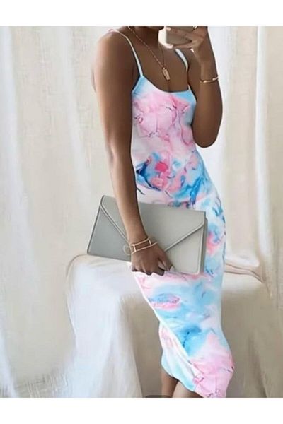 Femella Women Fashion Women's Digital Printed Midi Dress with Shoulder Straps