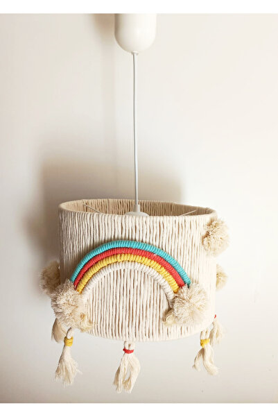 C&A&B KUZEY AVİZE Ekru Makrome Ip Sargılı Ponponlu Saçaklı Gökkuşağı Detaylı Kız Bebek Çocuk Odası Sarkıt Avize