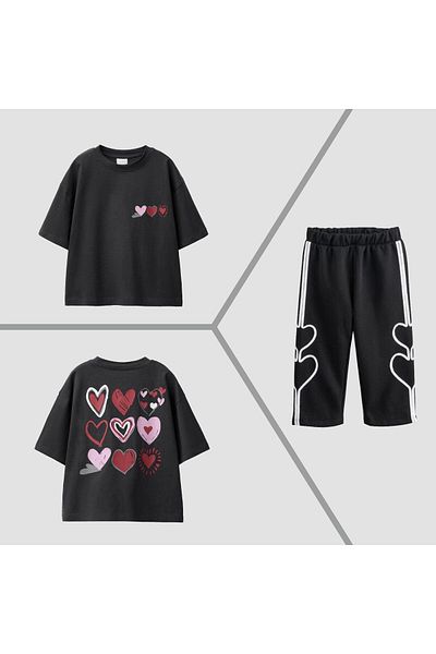 Magu Girls Cotton Black Heart T-Shirt and Shorts Tracksuit Set - Colorful Heart Pattern