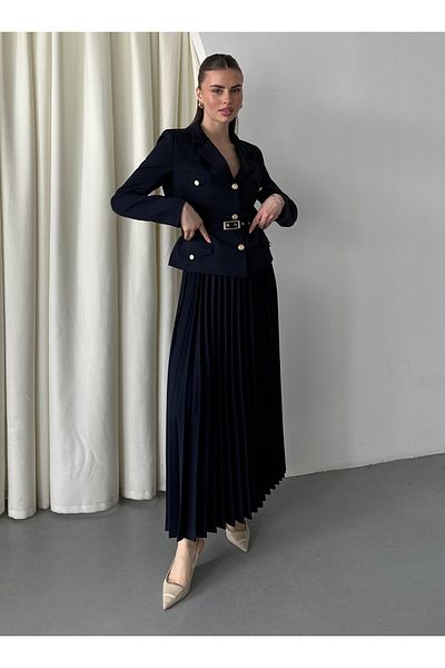Laluvia Navy Blue Button Detailed Jacket Pleated Skirt Set - 250321