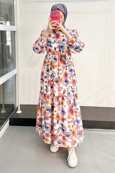ModaSelin Ms340 Wide Flower Pattern Lilac Dress