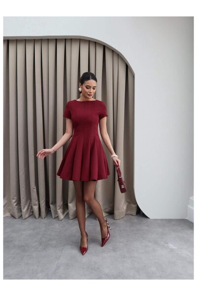 MEECY Women's Brown Oval Neck Pleated Dress