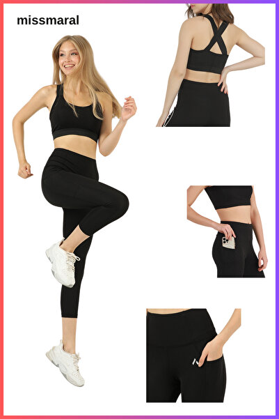 missmaral Women's Capri Tights Set Black High Waist Recovery Double Pocket Bo...