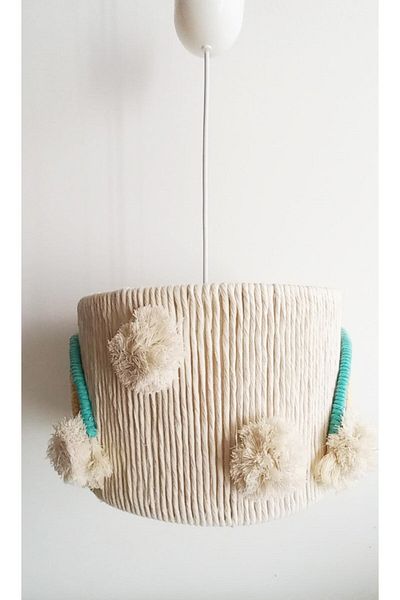 C&A&B KUZEY AVİZE Ecru Macrame Rope Wrapped Handmade Pompom Rainbow Detailed Baby Girl Children's Room Pendant Lamp Chandelier