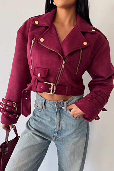 ETİLER COLLECTION Tiana Suede Crop Jacket Sleeve 3 Belt Detail - Claret Red