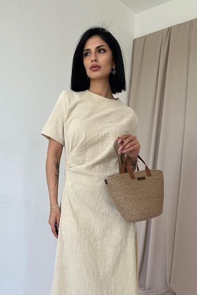 modamuvo Cream Pleated Crew Neck Dress