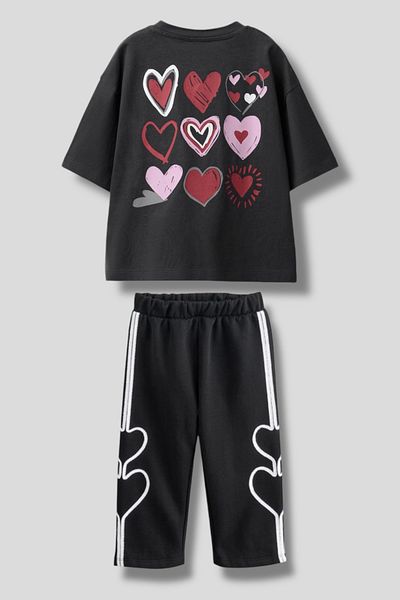 Magu Girls Cotton Black Heart T-Shirt and Shorts Tracksuit Set - Colorful Heart Pattern