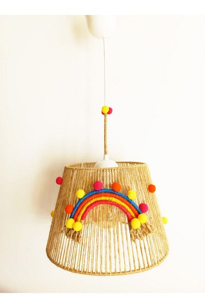 C&A&B KUZEY AVİZE Wicker Rope Wrapped Rainbow Detailed Pompom Design Baby and Children's Room Pendant Lamp Chandelier