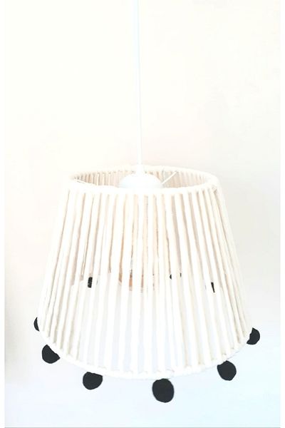 C&A&B KUZEY AVİZE Ecru Macrame Rope Wrapped Black Pompom Pendant Lamp Chandelier