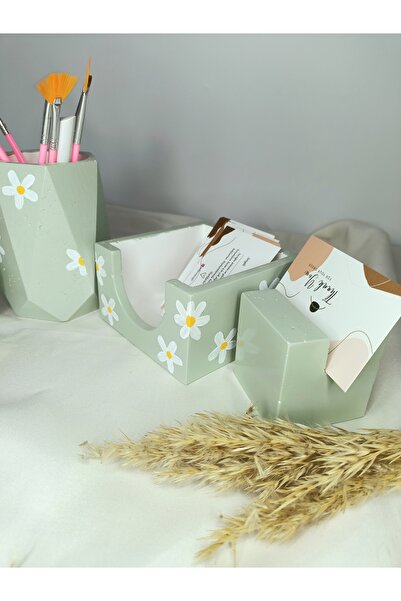 MİLE CONCEPT Masaüstü Dekoratif Papatya Desen Beton Ofis Seti;  Bloknotluk, Saksı, Kalemlik ve Kartlık yeşil