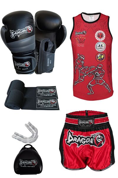 Dragondo Dragon Boxing Set - Attack Boxing Gloves, Retro Shorts, Singlet, Bandage and Mouthguard 5Pc Muay Thai Set