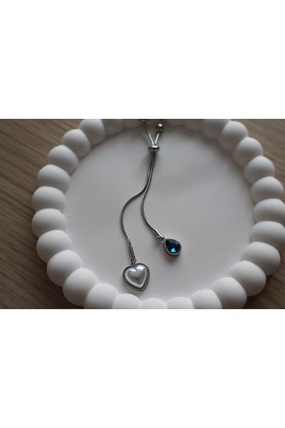 Mia Silver Color Steel Necklace with White Heart and Blue Detail