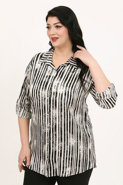 By Alba Collection Women's Light Gray Patterned Cotton Viscose Large Size Shirt