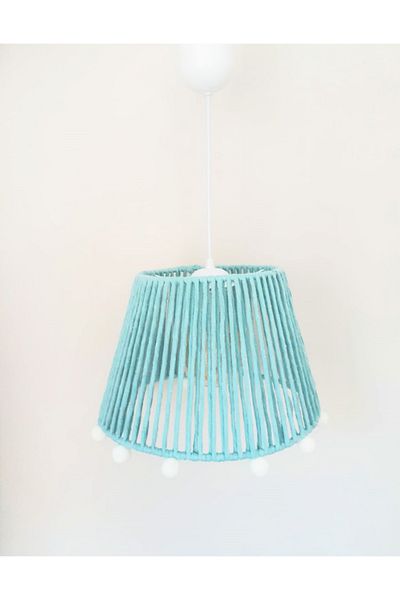 C&A&B KUZEY AVİZE Mint Macrame Rope Wrapped Ecru Pompom Baby and Kids Room Pendant Lamp Chandelier