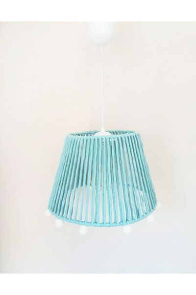 C&A&B KUZEY AVİZE Mint Macrame Rope Wrapped Ecru Pompom Baby and Kids Room Pendant Lamp Chandelier