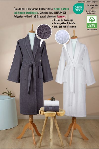 Ellaline Σετ μπουρνούζι 4 τεμαχίων Anthracite White Şalyaka - 100% βαμβακερό πιστοποιημένο οικογενειακό μπάνιο