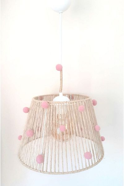 C&A&B KUZEY AVİZE New Baby Room and Children's Room Pendant Lamp Chandelier with Wicker Rope Wrapped Pink Pompom