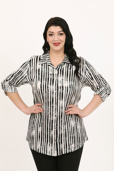 By Alba Collection Women's Light Gray Patterned Cotton Viscose Large Size Shirt