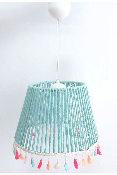 C&A&B KUZEY AVİZE Mint Macrame String Wrapped Fringed Pendant Lamp Chandelier