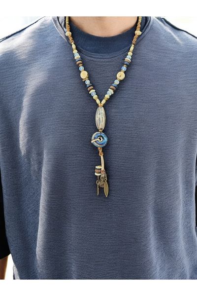 dela otantik Handmade Beaded Long Necklace – Bohemian Men's and Women's Necklace - Blue Colored Authentic Ethnic Stone Jewelry