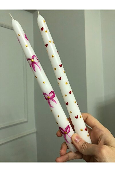 Elif Design 2 li fiyonk serisi şamdan mum seti / fiyonk kurdele mum
