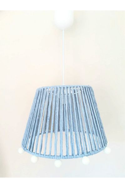 C&A&B KUZEY AVİZE Blue Macrame String Wrapped Ecru Pompom Pendant Lamp Chandelier