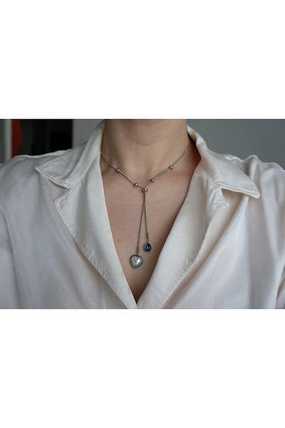 Mia Silver Color Steel Necklace with White Heart and Blue Detail