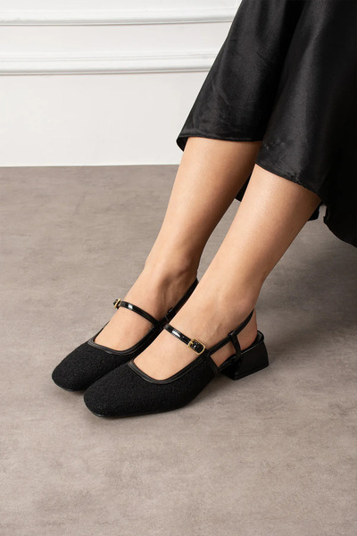 Şahnur Κομψά γυναικεία παπούτσια μπαλαρίνας με κοντό τακούνι, καθημερινά ελαφριά, με λεπτομέρεια από τουίντ ή λουστρίνι