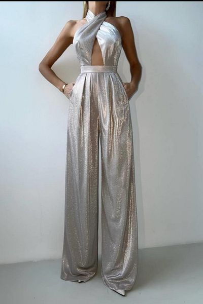 Safgiyim44 Cross Collar Neck Tie Glitter Palazzo Lined Jumpsuit