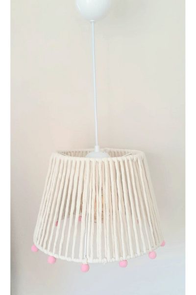 C&A&B KUZEY AVİZE Ecru Macrame Rope Wrapped Candy Pink Pompom Baby and Kids Room Pendant Lamp Chandelier