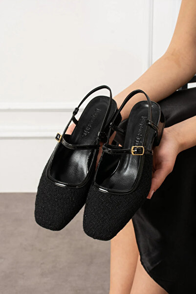 Şahnur Κομψά γυναικεία παπούτσια μπαλαρίνας με κοντό τακούνι, καθημερινά ελαφριά, με λεπτομέρεια από τουίντ ή λουστρίνι