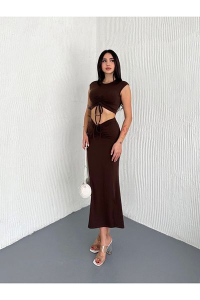 ALLEYTA Women's Sleeveless Front Gathered Lace Detailed Blouse Skirt Set New Season