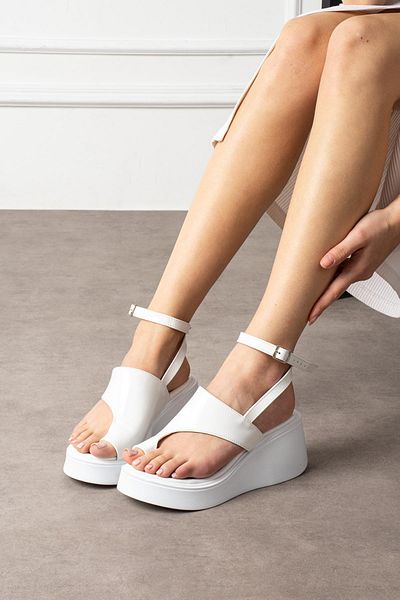 ShoeTek Lorinio Women's Sandals - Flip Flop Ankle Wrap Wedge Sole (White Patent Leather)