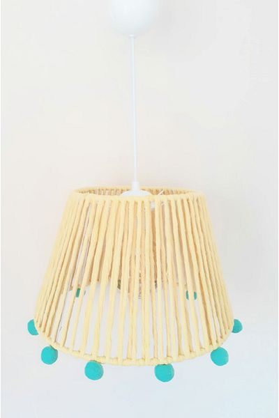 C&A&B KUZEY AVİZE Yellow Macrame Rope Wrapped Mint Color Pompom Pendant Lamp Chandelier