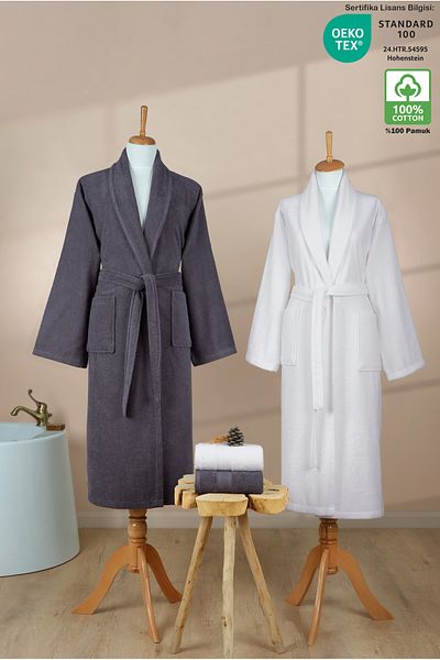Ellaline Σετ μπουρνούζι 4 τεμαχίων Anthracite White Şalyaka - 100% βαμβακερό πιστοποιημένο οικογενειακό μπάνιο