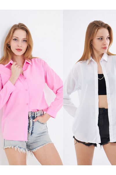 brako tekstil Women's White - Powder Oversize Long Basic Shirt