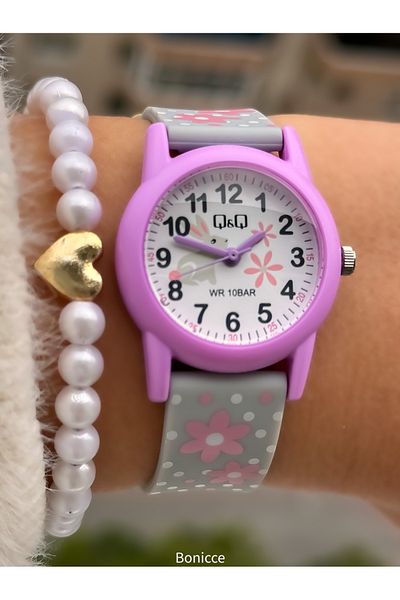 Q&Q 10 Atm, 2 Years Warranty, Gray - Pink Silicone Cord Girl's Wristwatch Suitable for Pool and Sea Use