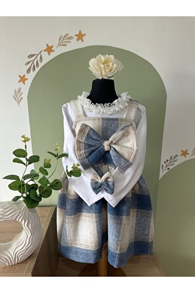 LİONXKİDS Heidi Model, Fiyonk Detaylı, Mavi Ekoseli Jile Elbise