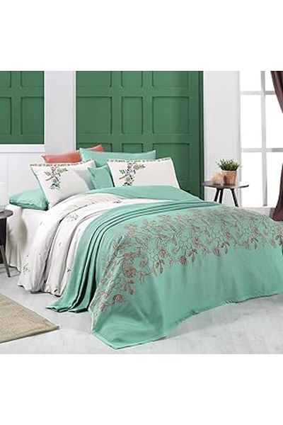 Mu Art Ahşap Sarev Eva Mia Green Double Personality 100% Cotton Duvet Cover and Pike Set
