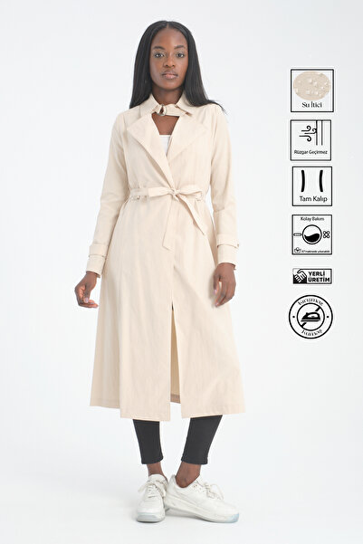 Soydan Güner Su Geçirmez Kırışmaz Esnek Astarsız Ara Boy Yazlık Trençkot Krem 7540