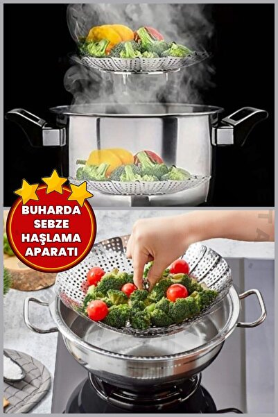 MorBebe Ultra Lüx Paslanmaz Buharda Sebze Haşlama Sepeti Katlanabilir Tencere
