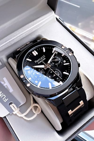 Ferrucci Original Men Wrist Watch Transparent Black Silicone Corridor with Gift Dress / Fre2050C4