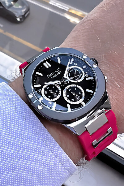 Ferrucci Function Orijinal Erkek Kol Saati Su Geçirmez Kırmızı Silikon Kordon + Hediye Bileklik FRE2050C1