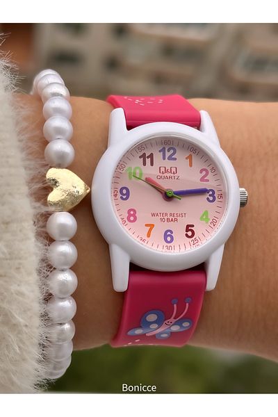 Q&Q 10 Atm, 2 Years Warranty, Pink Silicone Cord Girl's Wristwatch Suitable for Pool and Sea Use
